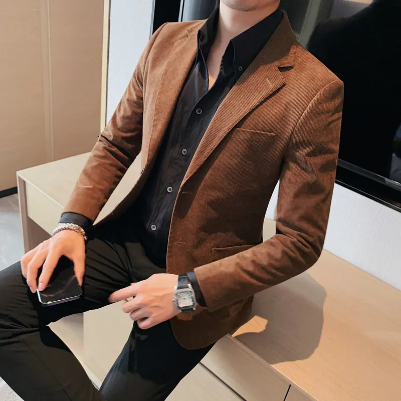 High Quality Fashion Handsome Trend Business Matching Corduroy Small Suit Jacket Men Slim Fashion Casual Handsome Suit 250929BJ
