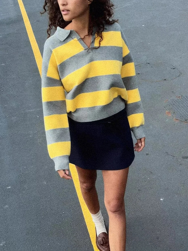 European and American style autumn womens clothing fashionable and trendy striped POLO collar sweater 250929BJ