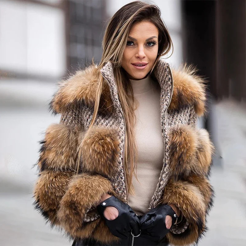 QUEENTINA Real Fur Coat Winter Outwears Womens Fashion Jacket High Quality Clothing Natural Raccoon 250929