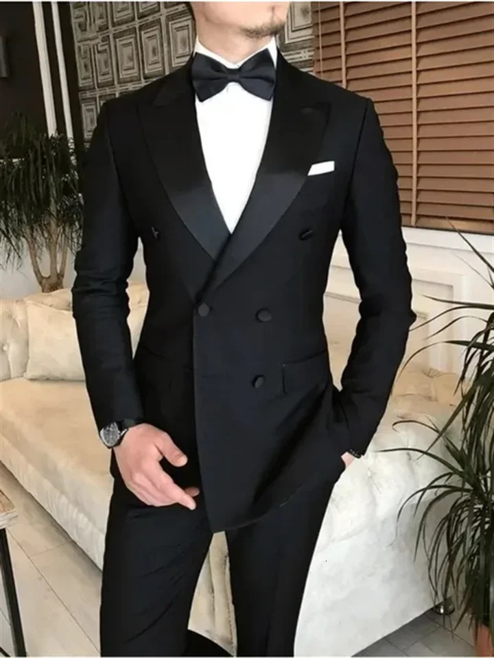 2 Pieces Black Suits for Men Peaked Lapel Double Breasted Bespoke Blazer Wedding Groom Tuxedos Prom Costume Homme JacketPants 250929BJ