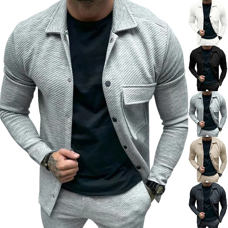 European and American casual mens heavy twill lapel neck longsleeved singlebreasted solidcolor slimfit jacket 250929