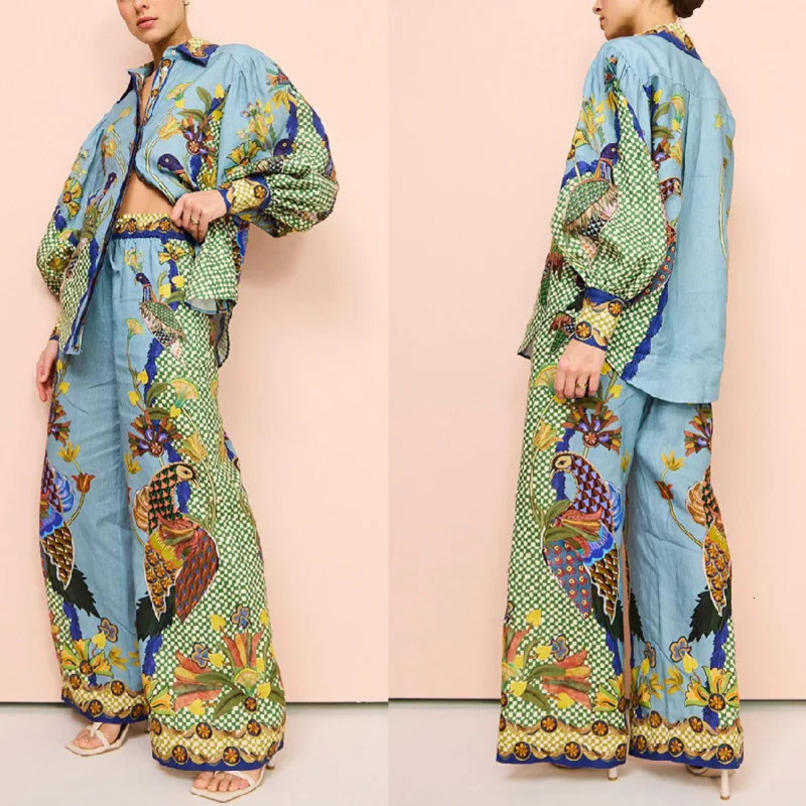 Pants Sets Printed Loose Fit Streetwear Style Turndown Collar Long Sleeve Trouser Mid Waist Wide Leg Woman Clothes 240704w