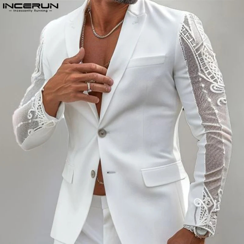 INCERUN Tops American Style Fashion Mens Perspective Lace Splicing Suit Coats Casual Solid Long Sleeved Blazer S5XL 250929BJ