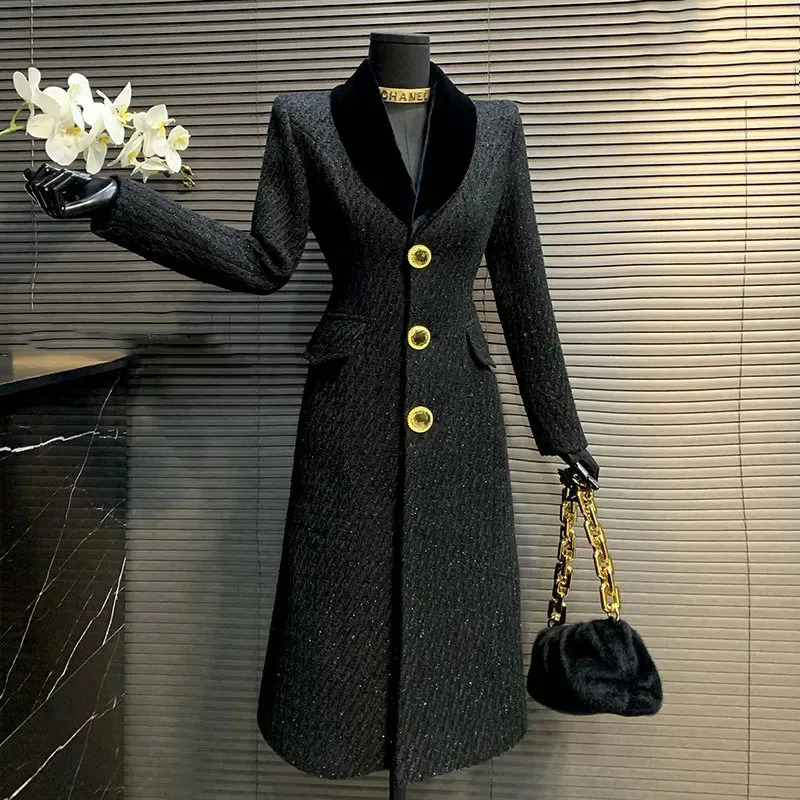High Quality Women Woolen Coat Korean Style MidLength Autumn And Winter Black Temperament Slim Women Woolen Coat H497 250929BJ
