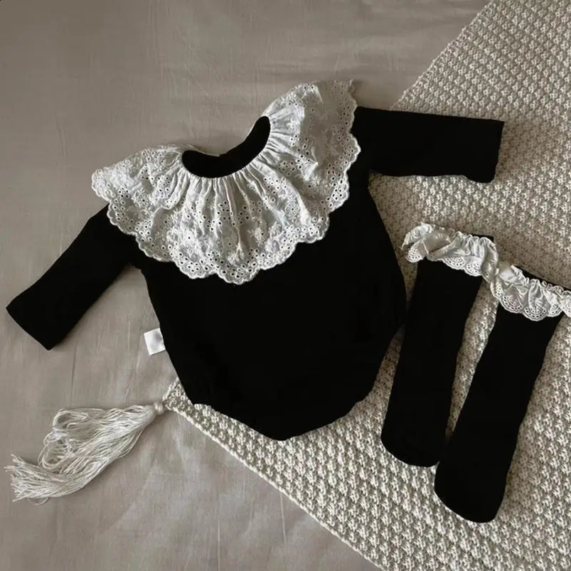 8955 Korean Baby Clothes Spring Autumn Lace Collar Girls One Piece Princess Climbing with Socks 240723