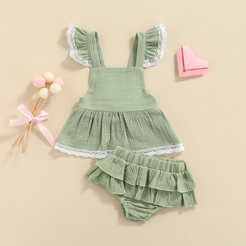 K480 Sumemr born Baby Girl Clothes Set 2pcs Solid Lace Ruffles Sleeve Backless Tops DressLayered Tutu Shorts Cotton Linen Outfits-image-1078506218