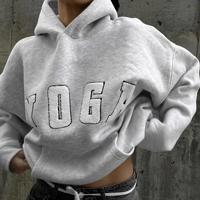 Sweat-shirt à capuche surdimensionné pour femmes, gris, brodé, lettres de YOGA imprimées, coupe ample, 241104w, arrivée