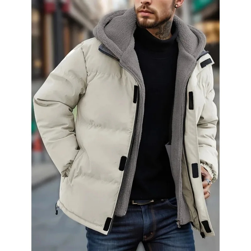 Winter Windproof Mens Jacket Casual Two Hooded Bread Coat Detachable Hood Zipper Front Long Sleeves Pockets Overcoat 250929BJ
