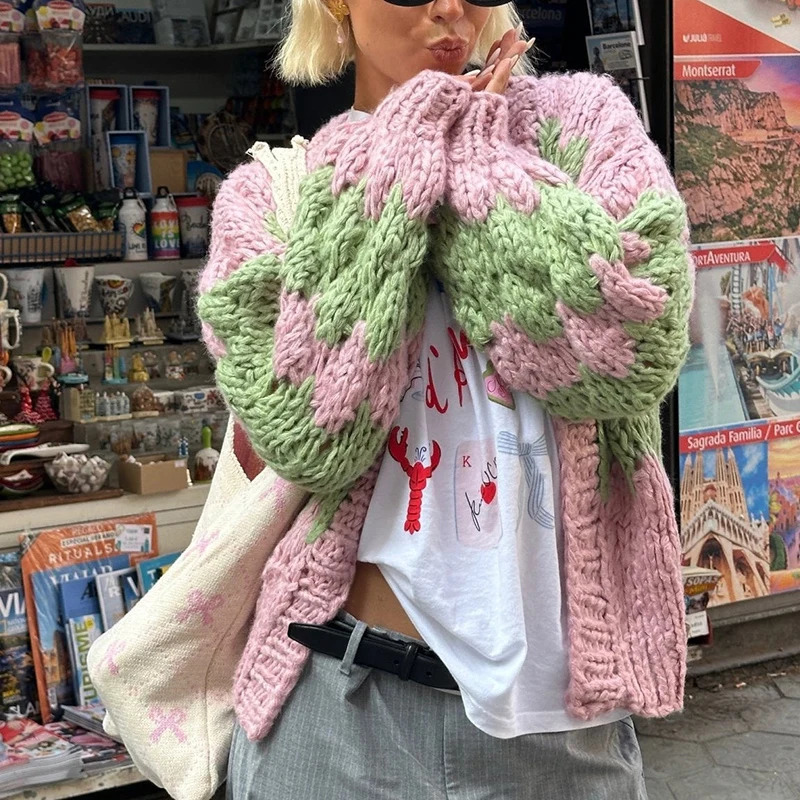 Stripe Pattern Cropped Cardigans Vintage Lantern Sleeves Knitted Sweater Aesthetic Y2k Knitwear Coat Women Autumn Outwear Street 250929BJ