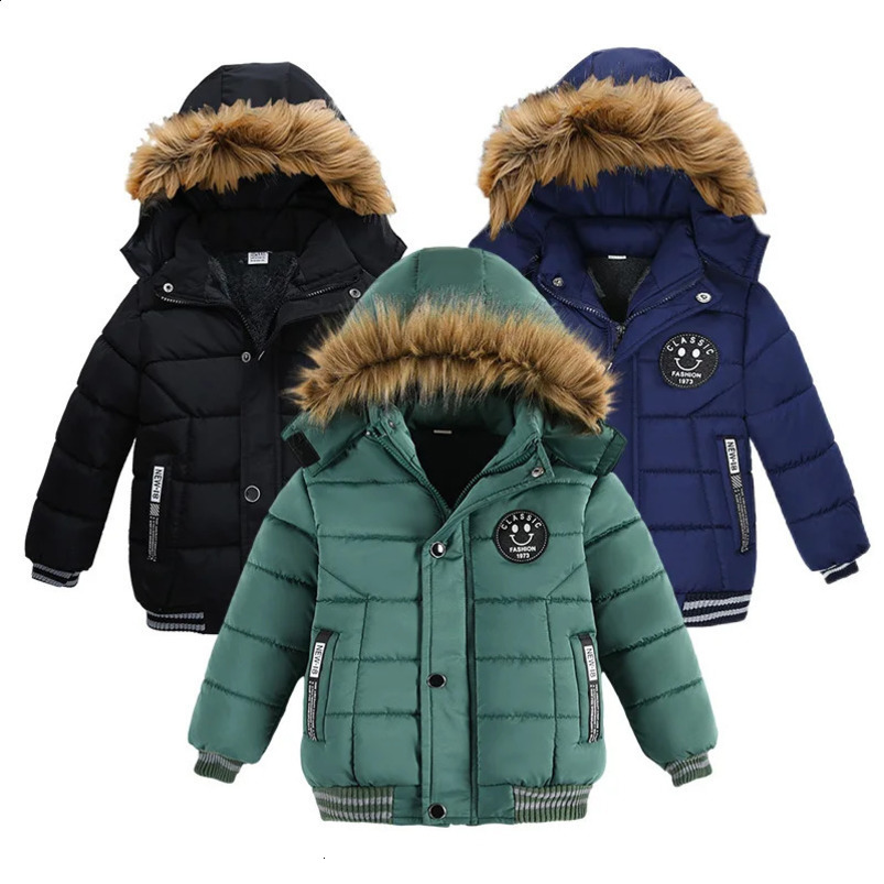 Autumn Winter Keep Warm Hooded Boys Jacket Fashion Fur Collar Heavy Cotton Outerwear For Kids 26Years Children Windbreaker Coat 241231