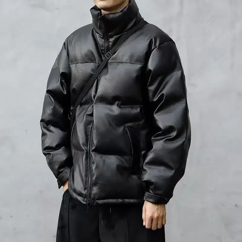 Winter Pu Leather Cotton Padded Jacket Men Casual Stand Collar Warm Parkas Windproof Trendy Black Thicken Bread Coats Teachwear 250929BJ
