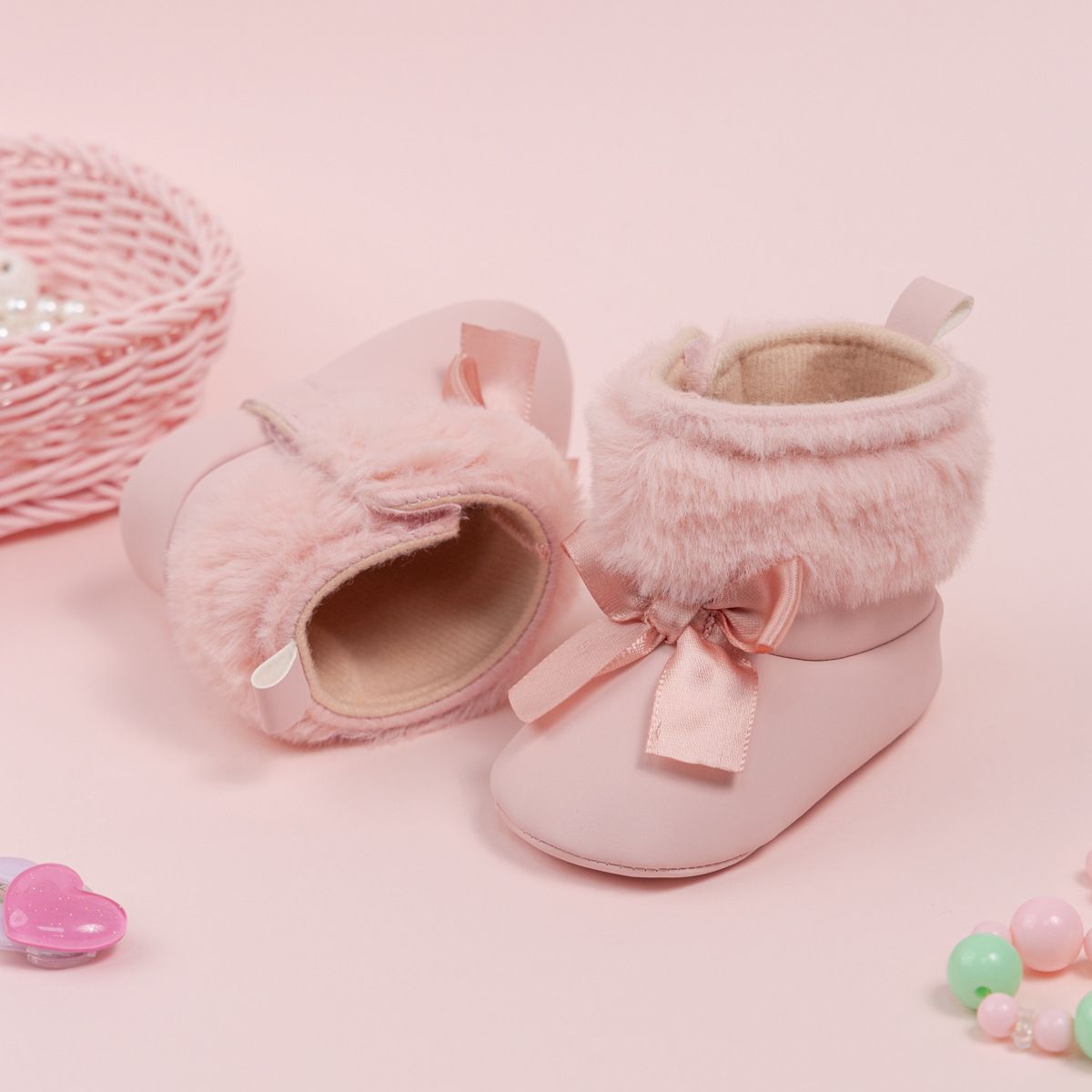 Pink Toddler With Bow Velvet Fluzzy Autumn Winter Baby Snow Boots Umshop Kids Girls Warm Shoes First Walkers Shoes 0-18 Months U0027
