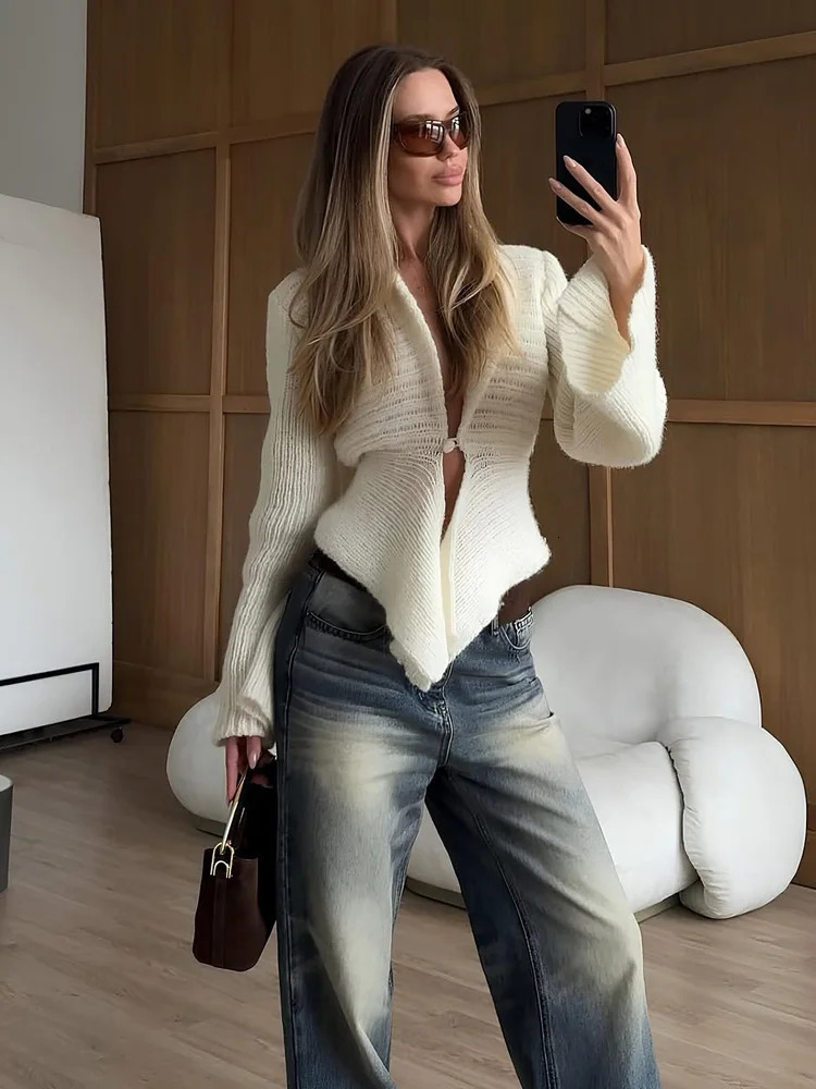 Tossy White Vintage Knit Sweater For Women Hollow Out Loose Elegant Autumn Cover up Knitwear Female Cardigan Top 250929