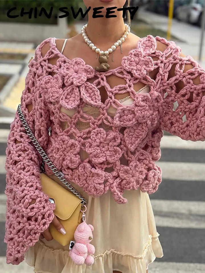 Knit Flower Pink Womens Sweater Autumn Hollow Out Vneck Long Sleeve Female Pullover Fashion Thin Lady Loose Knitwear 250929BJ