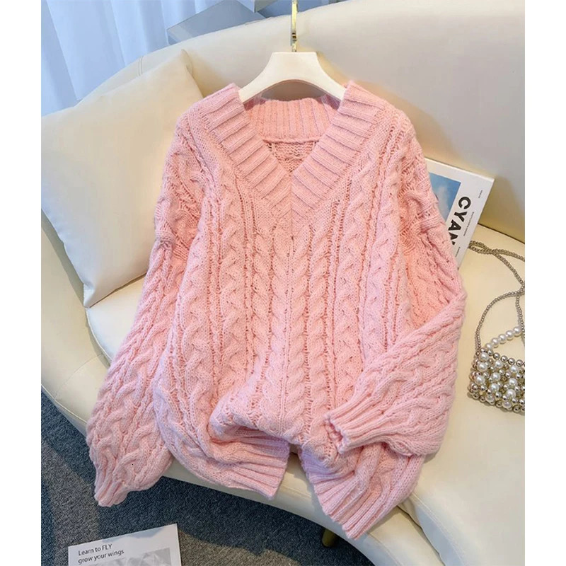 MEXZT Harajuku Sweater Women Fashion Oversized Pink V Neck Knitted Pullovers Korean Long Sleeve Knitwear Winter Casual Jumpers 250929BJ
