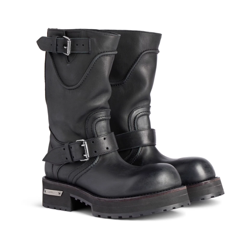 Men Genuine Leather Motorcycle Boot Retro Belt Buckle Chunky Sole Mid-Calf High Top Boots