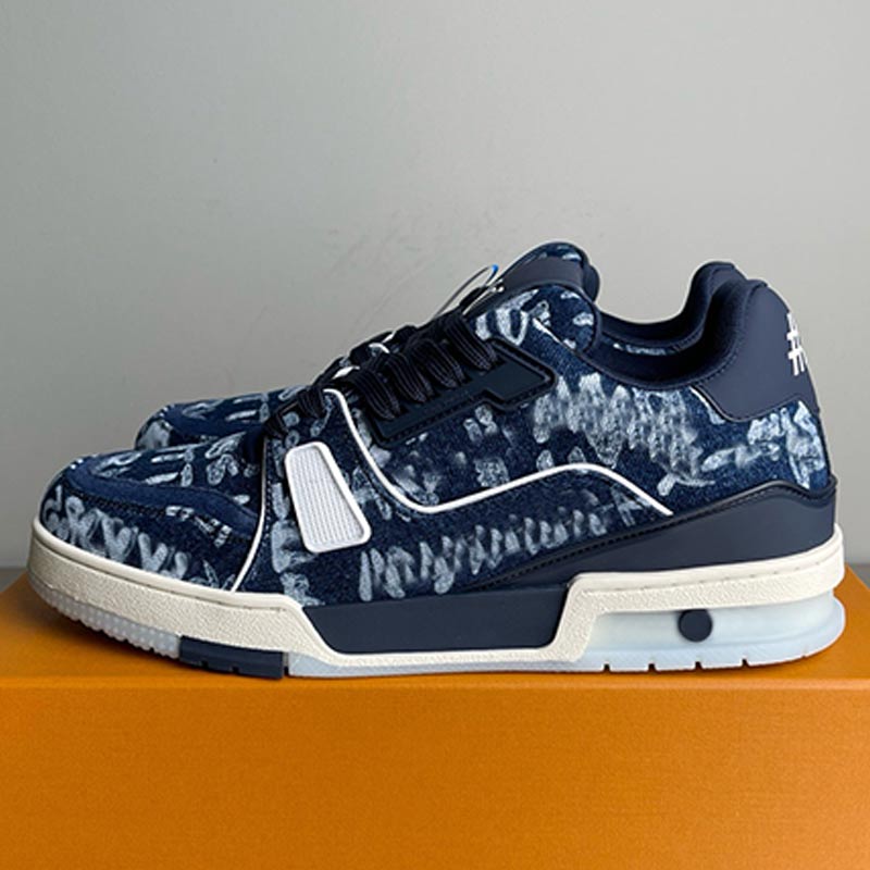 Designer Men Trainer Sneaker Blue Scrible Printed denim Upper Rubber Sole Breathable Comfortable Retro Mens Sports Shoes Fashion Women Casual Sho-image-920750364