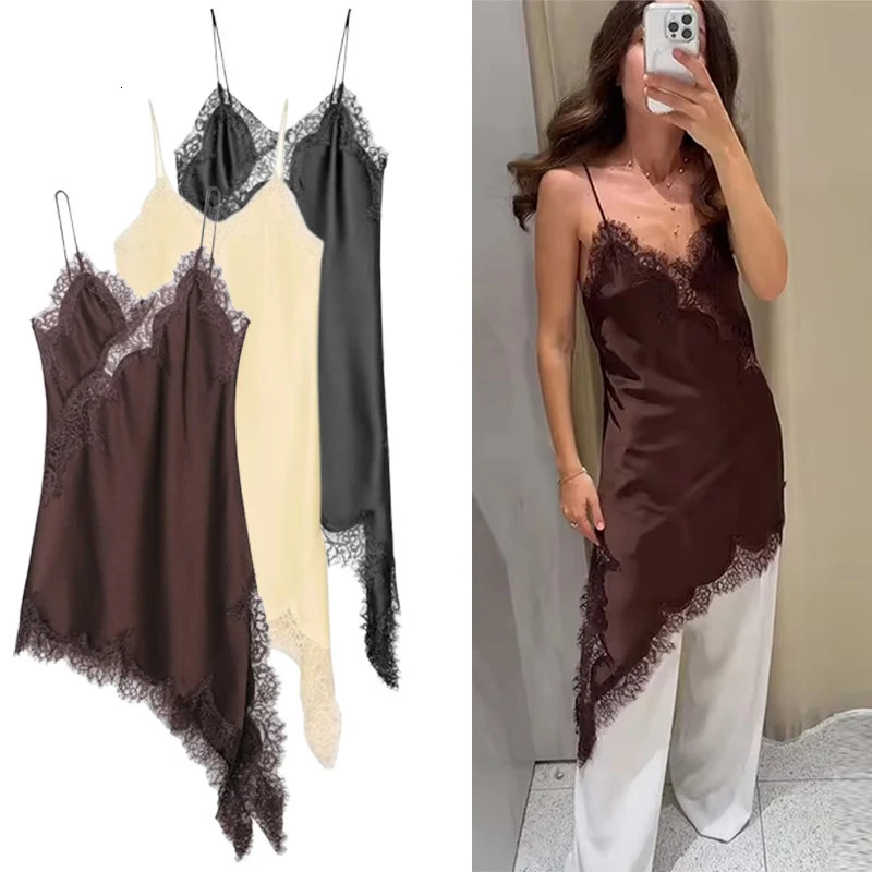 Satin sexy dentelle épissée de robe à écharpe courte Femme sans manches à dos asymétrique sexy robes de fête 2025 Robe de dame d'été 250922
