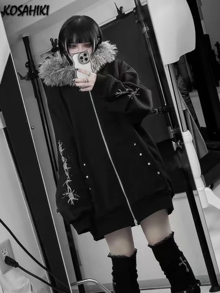Japonais Punk Fourrure Patchwork Manteau À Capuchon Y2k Esthétique Femmes Impression Surdimensionné Sweats À Capuche Csual Grunge Double Fermetur