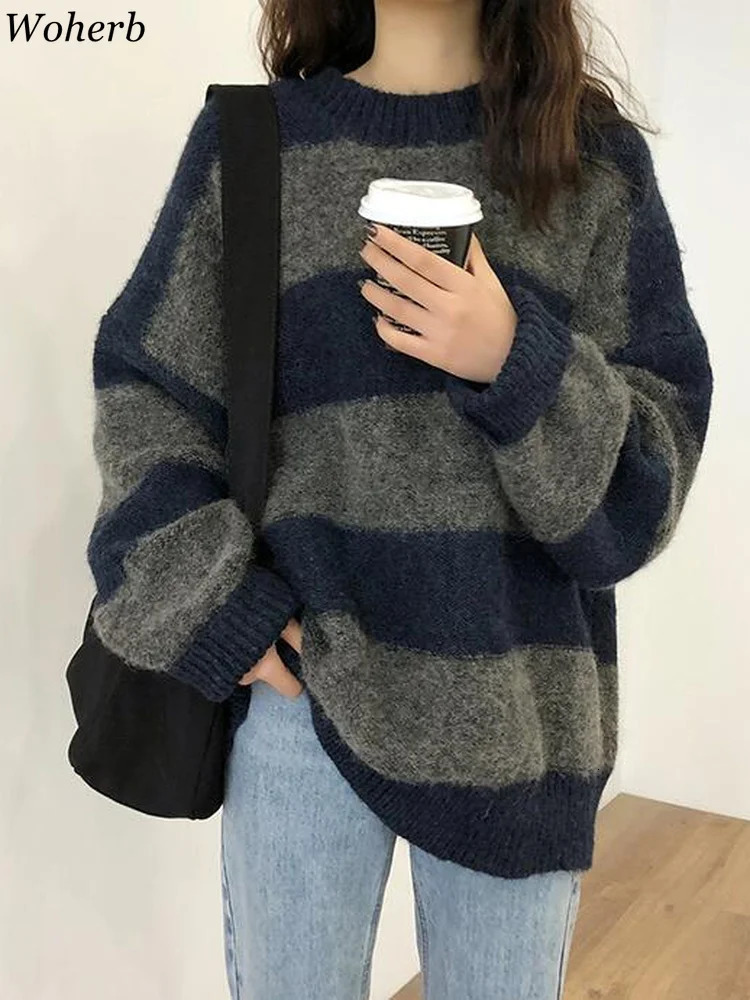 Woherb Women Oversized Thin Sweater Vintage Striped Loose Pullover Streetwear Autumn Knitted Jumper Femme Sueter Mujer 250923BJ