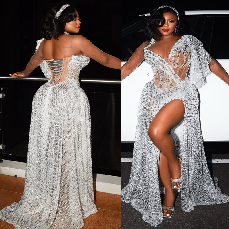 Silver Prom Dress 2025 Evening Dresses For Special Occasions Side Split Mermaid Elegant Sequined Lace Pearls Illusion Birthday Dress Second Receptio