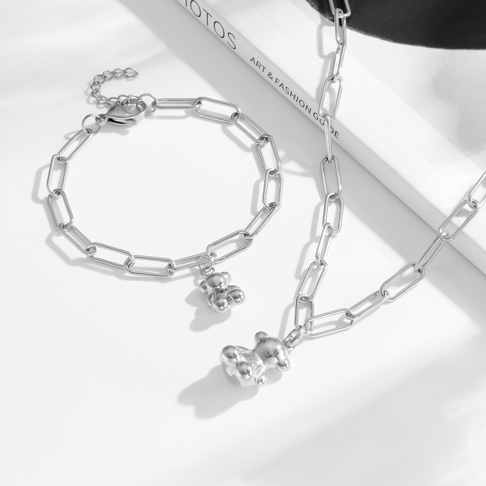 Fashion Women Men Silver Gold Stainless Steel Bear Cartoon Animal Round Drop Oil Round Bead Chain Pendant Earrings Sets Span Jewelry-image-1078607517