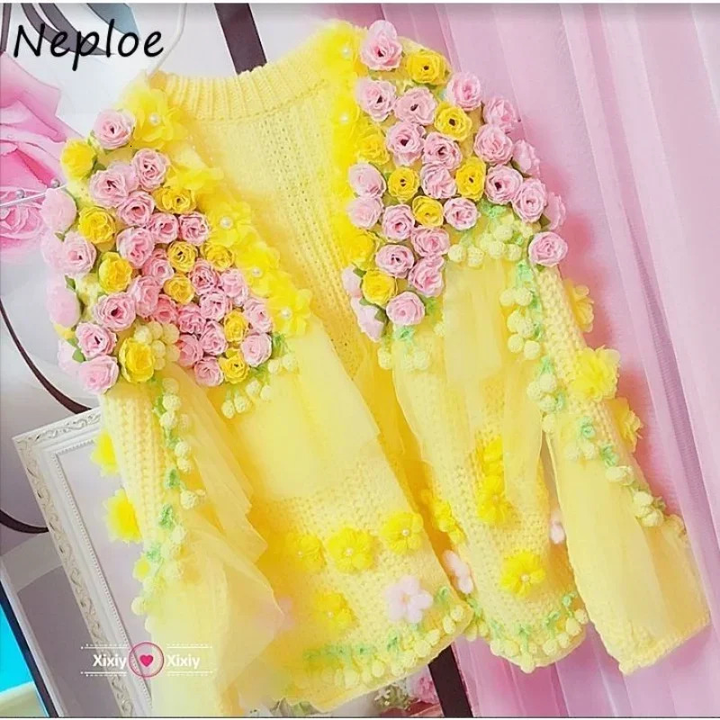 Neploe Heavyweight Handmade Hook Flower Cherry Knitted Wool Sweater Femme Autumn Winter Sweet Gentle Long Sleeve Cardigan 250923BJ
