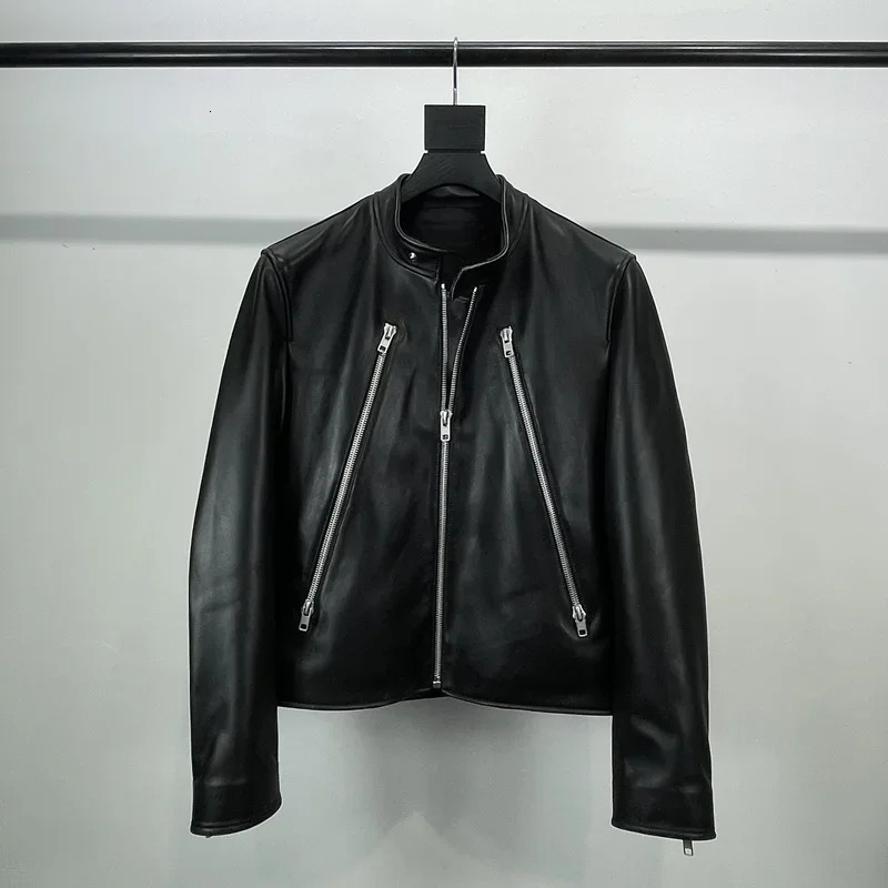 Mens Leather Jacket Short Stand Up Collar Haining Sheep Autumn and Winter 250930