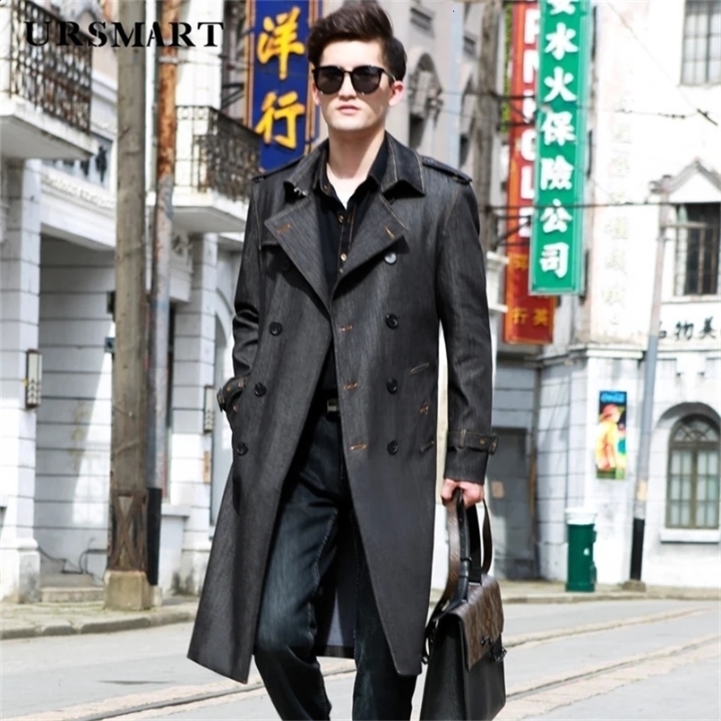 Denim long trench coat over the knee double breasted British Autumn and winter thickened warm retro classic mens windbrea 240828CJ