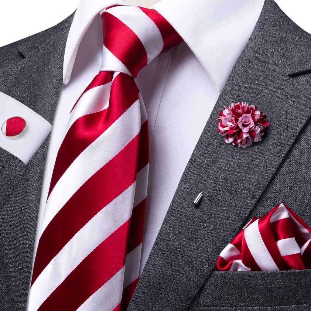 Red White Striped Mens Neckties Luxury 85cm Wide Silk Wedding Tie Pocket Square Cufflinks Set Brooch Gift For Men Hi-TieW251111-image-1084212975