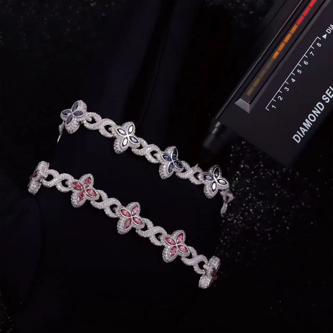 Hot Selling 925 Sterling Silver Cuban Clover Bracelets Iced Out Hip Hop Infinity Colored Moissanite Cuban Bracelet