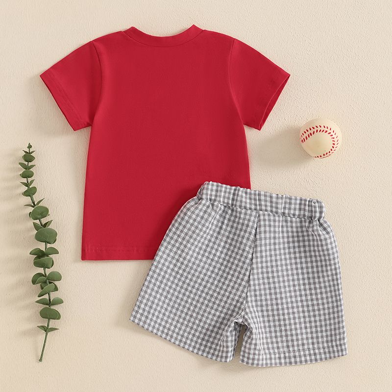K495 Lioraitiin Summer Baby Boys Outfit Baseball Embroidery Short Sleeves T-Shirt and Elastic Plaid Shorts Set Clothes Set-image-1078780100
