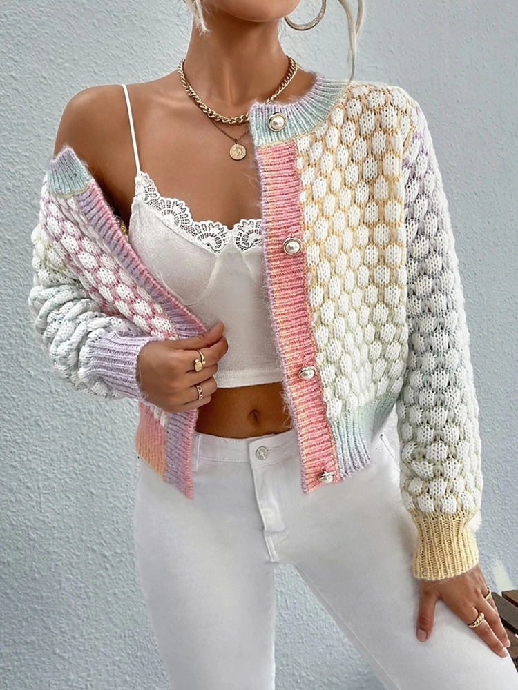 Elegant and fashionable cardigan sweater womens color gradient checkered round neck jacket 250923BJ
