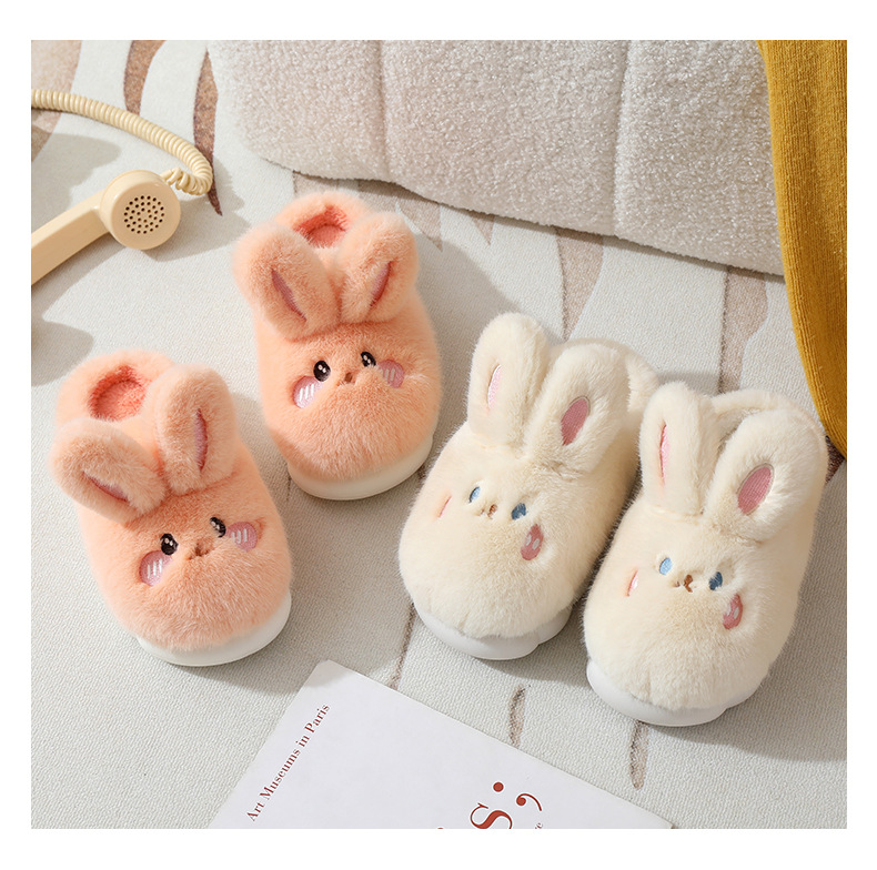 Cute Bottomed Couple's Little Rabbit Fur Cotton Slippers for Women Anti-Slip Soft Sole Home Use Home Cotton Slippers Couple Style-image-1078762627