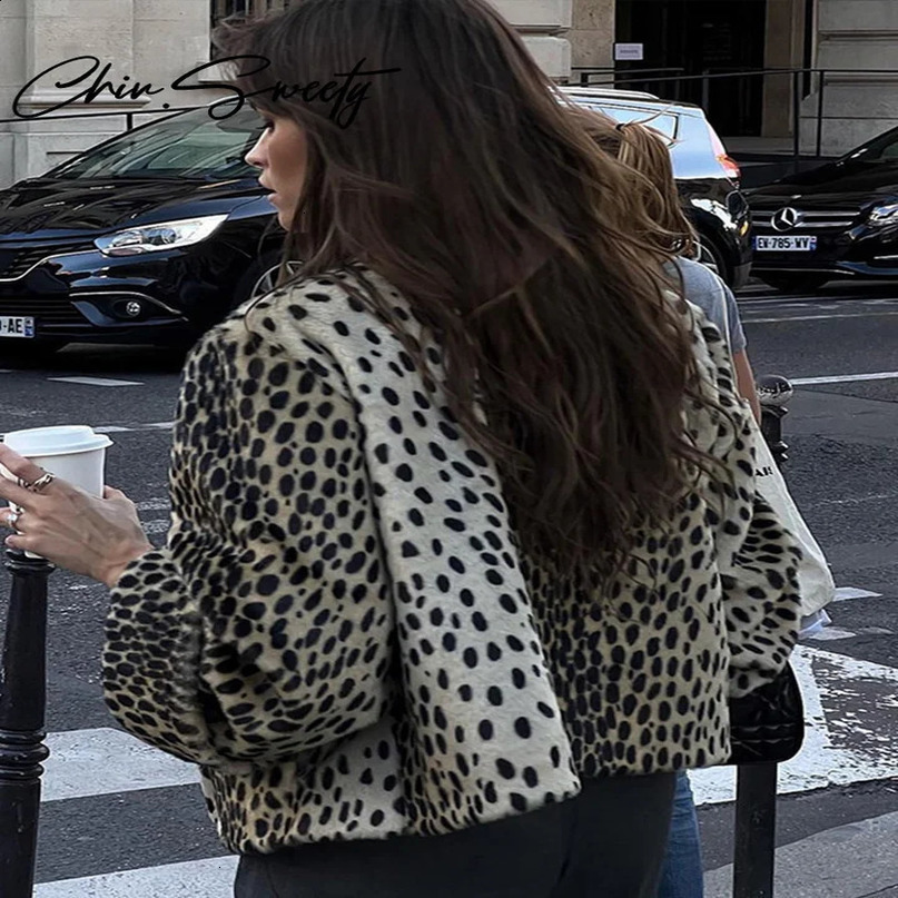 Retro leopard print womens short coat city mayors sparkling sleeves pleated Oneck autumn fashion streetwear 240905wtt