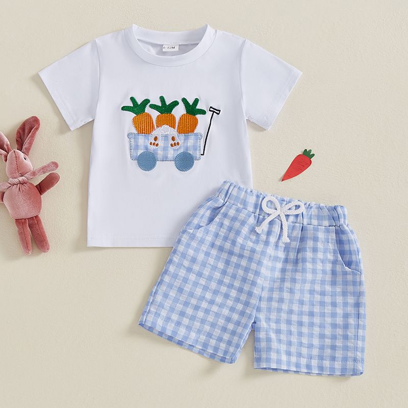 w492 Toddler Baby Boy Easter Rabbit Outfit Short Sleeve Bunny Carrot Smocked T-shirt Elastic Waist Shorts Summer Clothes-image-1079150172