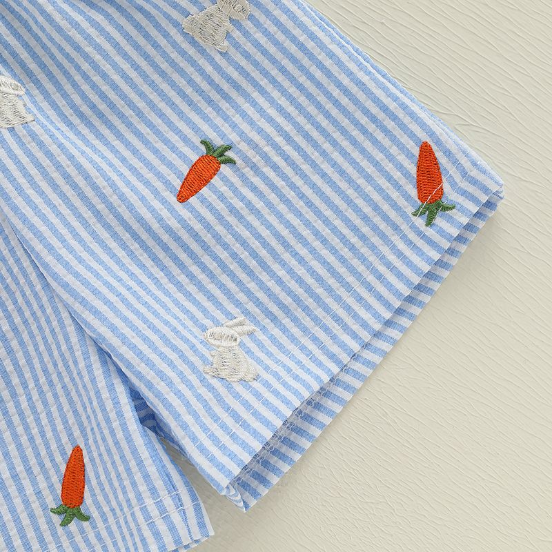 K513 Baby Boys Kids Easter Outfits Summer Gentlemen Suits Bunny Embroidery Lapel Short Sleeves T-Shirt and Carrot Stripe Shorts 0-3Y-image-1079369237