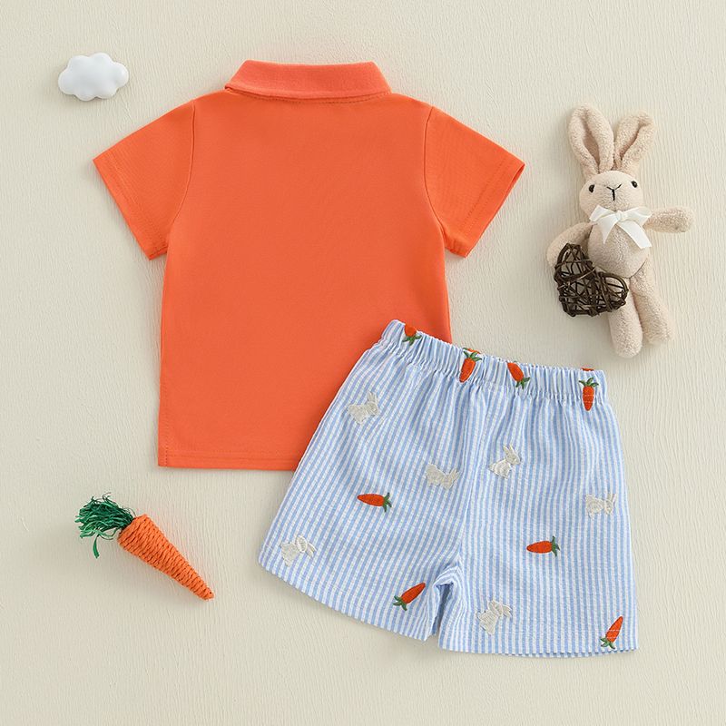 K510 Baby Boys Kids Easter Outfits Summer Gentlemen Suits Bunny Embroidery Lapel Short Sleeves T-Shirt and Carrot Stripe Shorts 0-3Y-image-1079355225