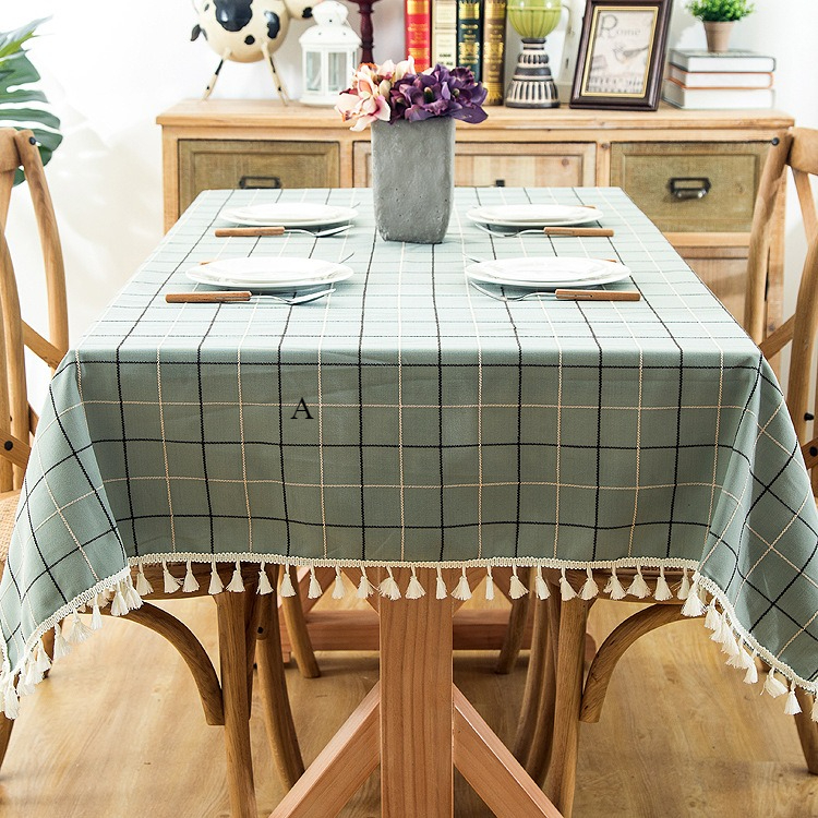 Cotton Linen Waterproof Plaid Fringed Lace Geometric Rectangular Dining Table Coffee ER2-image-1079116096