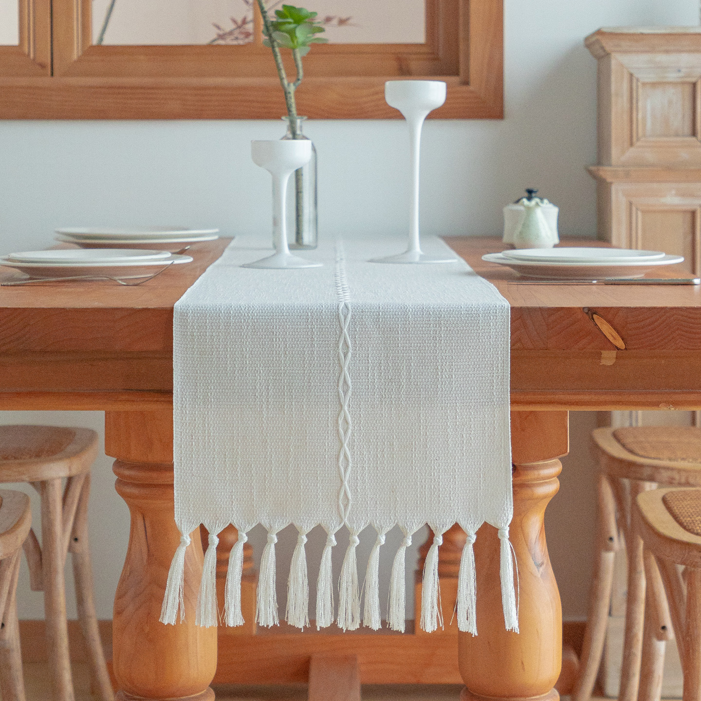 Chemin de table en coton et lin de couleur unie, style de luxe léger, fait à la main, avec pompon, nappe artistique, drapeau de table de thé pour