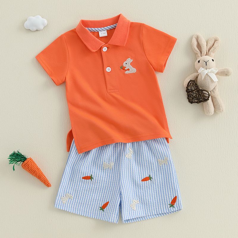 K508 Baby Boys Kids Easter Outfits Summer Gentlemen Suits Bunny Embroidery Lapel Short Sleeves T-Shirt and Carrot Stripe Shorts 0-3Y-image-1079172770