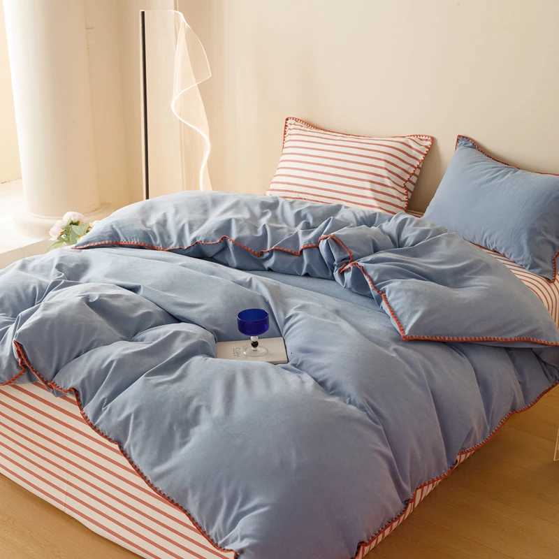 Stripe Color Collision Shell Embroidery Student Dormitory Solid Color Four Piece Set H251011-image-1079310383