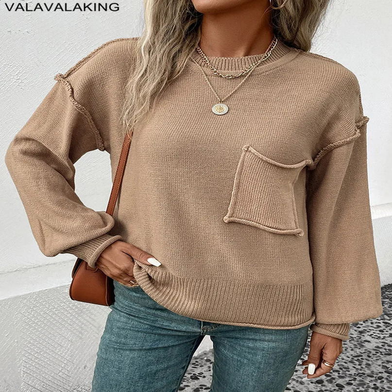 Femme hiver kakia O cou tricoté pull femmes lanterne à manches longues pull en vrac automne dame solide décontracté chaud pull 250814
