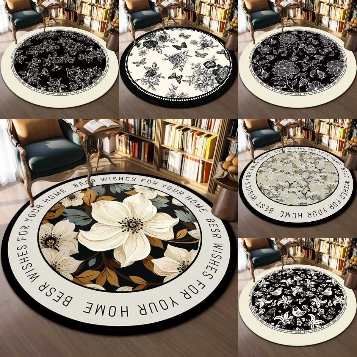 Elegance Black White Floral Round Rug Girls Living Ro Sofa Rug Decor Bedro Bedside Soft Rug Coffee Table Reading Yoga Mat H251011 K260207-image-1094528982