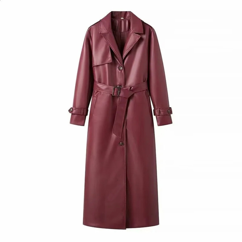 Yuyang Womens Autumn Fashion Wine Red Long Leather Jacket with Bekt Button Pocket Collar Coat 240906