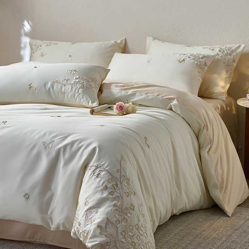 Elegant Lily of the valley Embroidery Bedding Set 600TC Egyptian Cotton Duvet Cover Set Bed SheetFitted Sheet cases 4Pcs H251011-image-1079317152