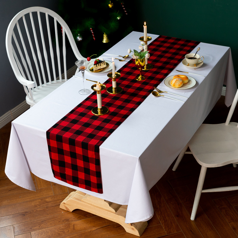 Chemin de table à carreaux rouge et noir, chemin de table de style américain, nappe décorative à carreaux, CQT701
