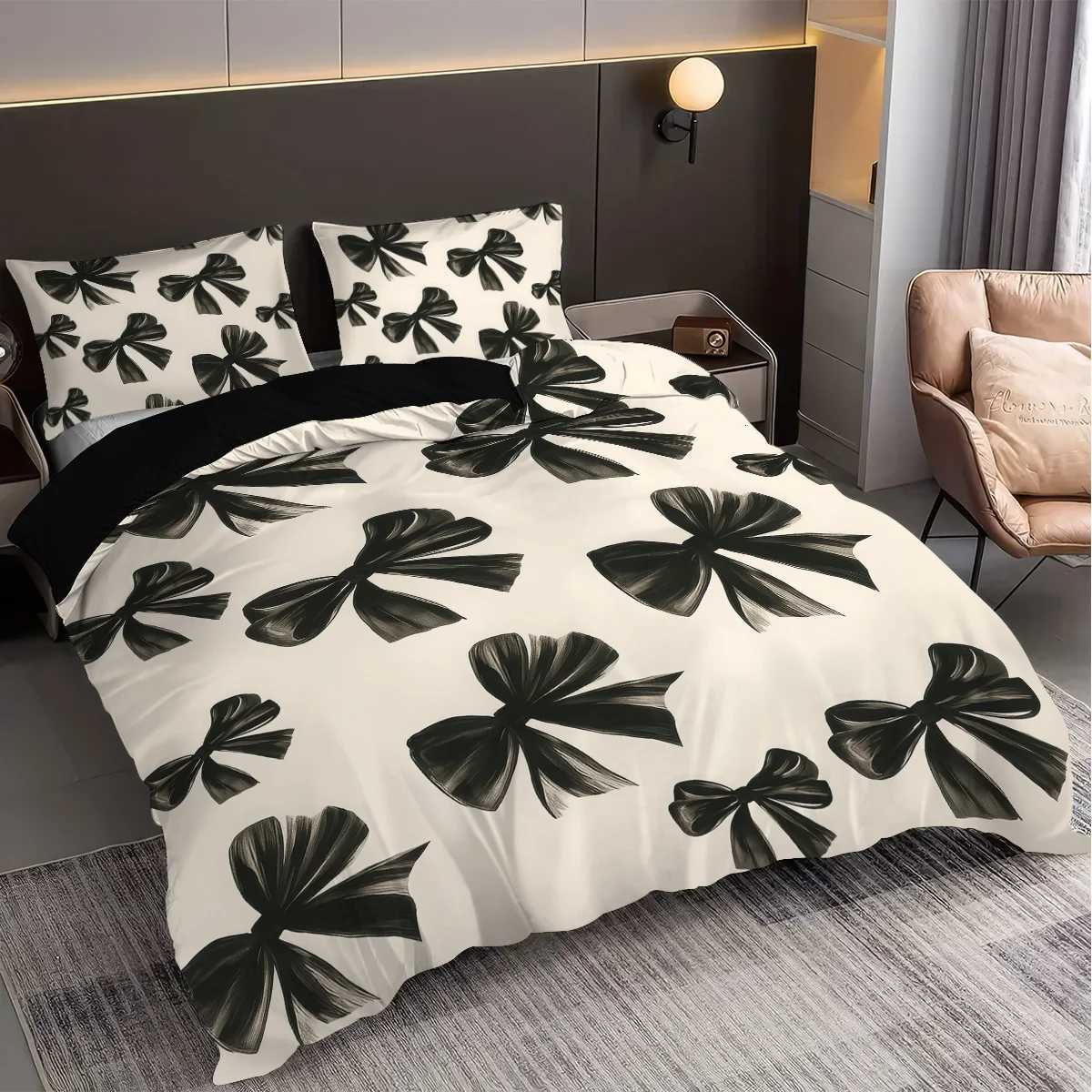 3pcs Black Bow Print Coreless Bedding Set Multiple Sizes Suitable for Bedrooms and Dormitories Comfortable and Machine Washable H251011-image-1079318634