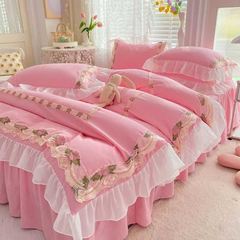 INS Korean Embroidery Ruffles Lace Bed Skirt Bedding Set Princess Girls Duvet Cover case Solid Color Quilt Over Decor Home H251011-image-1079312600