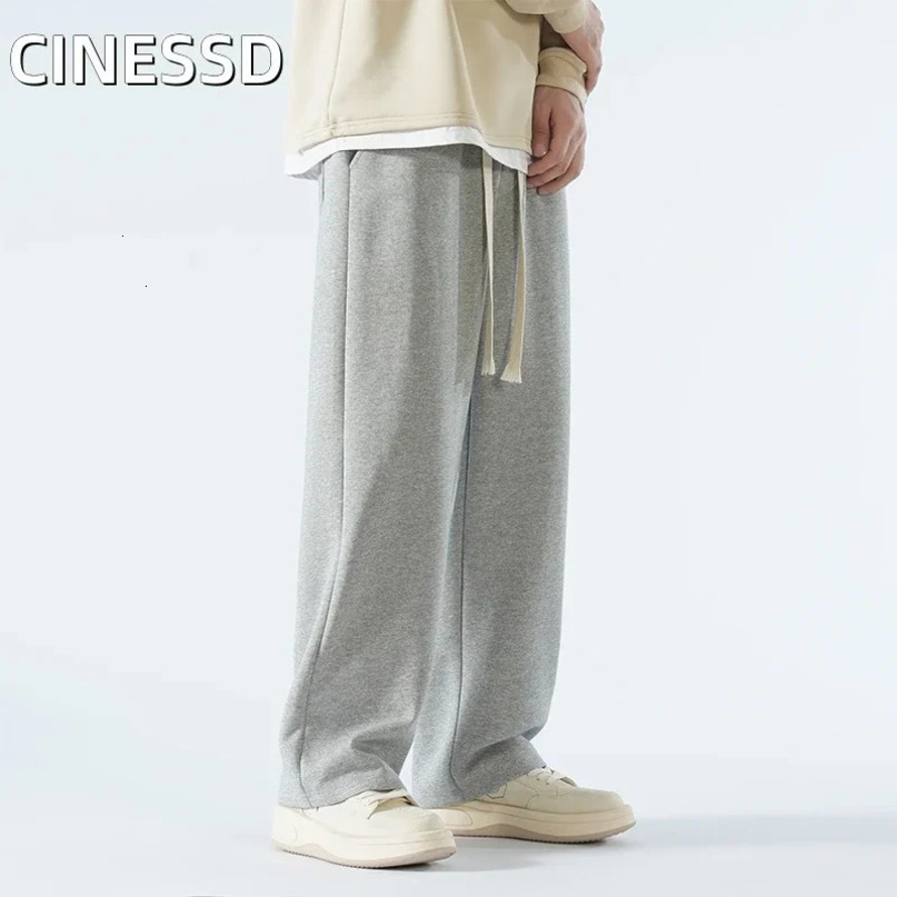Pantalon pour hommes, jambe large, tissu en coton, droit, ample, couleur unie, pantalon de survêtement polyvalent, de haute qualité, doux, long,